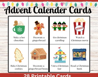 Puede incluir: Un conjunto de 28 tarjetas de calendario de adviento de Navidad imprimibles con ilustraciones de actividades como hacer chocolate caliente, decorar gingerbread, ir a cantar villancicos, ver una película navideña, hornear galletas, decorar una casa de jengibre, visitar una feria navideña y leer un libro navideño.