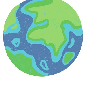 May include: A cartoon illustration of the Earth with green landmasses and blue oceans. The illustration has a distressed, hand-drawn look.