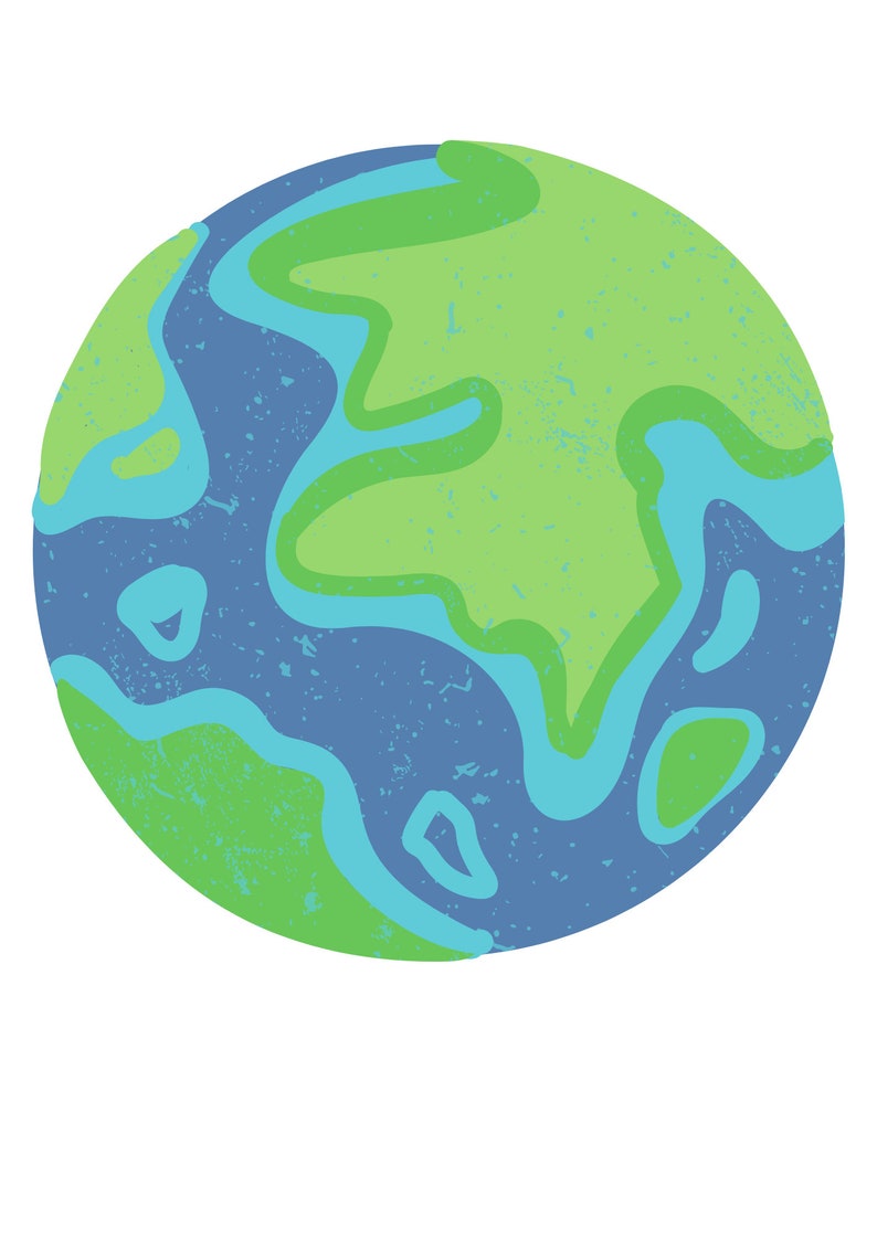 May include: A cartoon illustration of the Earth with green landmasses and blue oceans. The illustration has a distressed, hand-drawn look.
