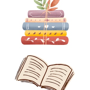 May include: A stack of colorful books tied together with twine and decorated with leaves. Below is an open book with brown lines on the pages.