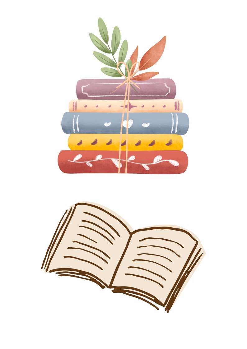 May include: A stack of colorful books tied together with twine and decorated with leaves. Below is an open book with brown lines on the pages.
