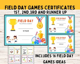 Field Day Games Printable, Field Day Games Ideas, Field Day Printable Certificates, Field Day Award, Field Day Games Flashcards