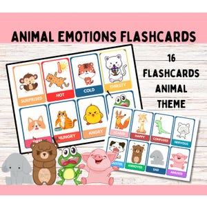 Cartões flash de emoções pré-escolares para impressão, cartões flash de sentimentos, cartões flash de emoções com tema animal, emoções imprimíveis para crianças, emoção infantil