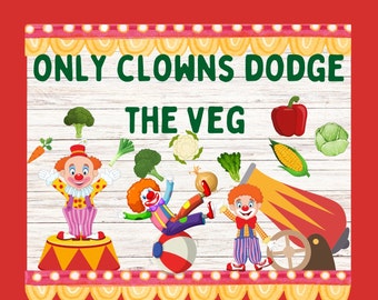 Bacheca nutrizionale stampabile: tema clown, alimentazione sana (PDF A4)
