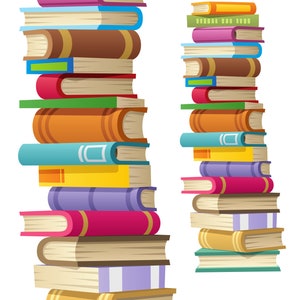 May include: Two stacks of colorful books, one tall and one short, with a variety of colors and patterns. The books are stacked on top of each other, creating a visually appealing display.