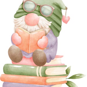 May include: A green gnome wearing glasses and a purple sweater sits on a stack of colorful books. The gnome is holding an open book and has a pink heart on its hat.