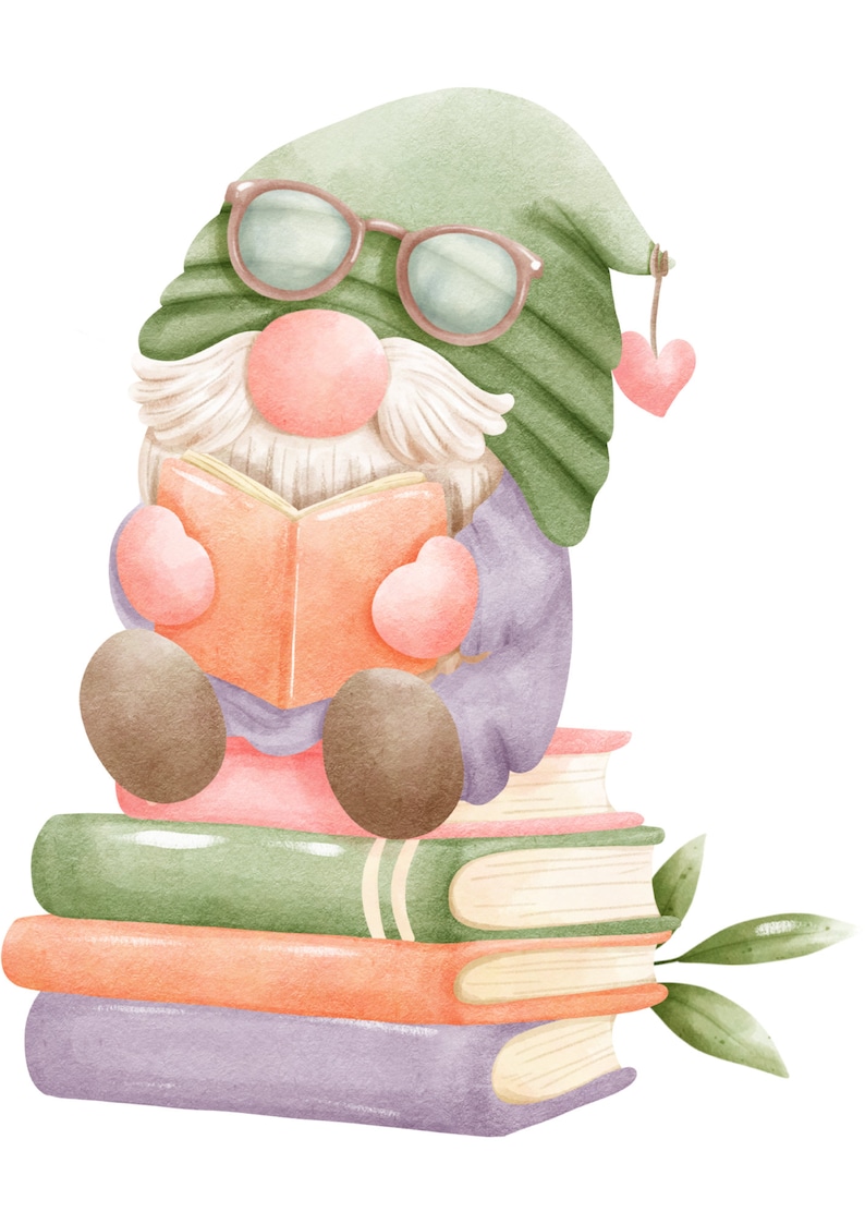 May include: A green gnome wearing glasses and a purple sweater sits on a stack of colorful books. The gnome is holding an open book and has a pink heart on its hat.