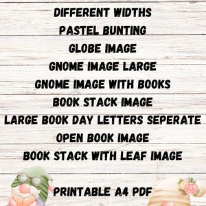 May include: Printable A4 PDF with a list of items included in the download: pink straight edge border, different widths, pastel bunting, globe image, gnome image large, gnome image with books, book stack image, large book day letters separate, open book image, book stack with leaf image. The image also features two gnomes, one with a green hat and glasses reading a book, and the other with a pink hat and flowers reading a book.