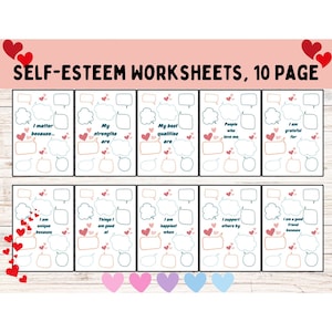 Self- Esteem Worksheets For Kids and Teens Printable, 10- Page Self-Esteem Worksheets, Therapy Worksheets, Social Psychology Worksheets