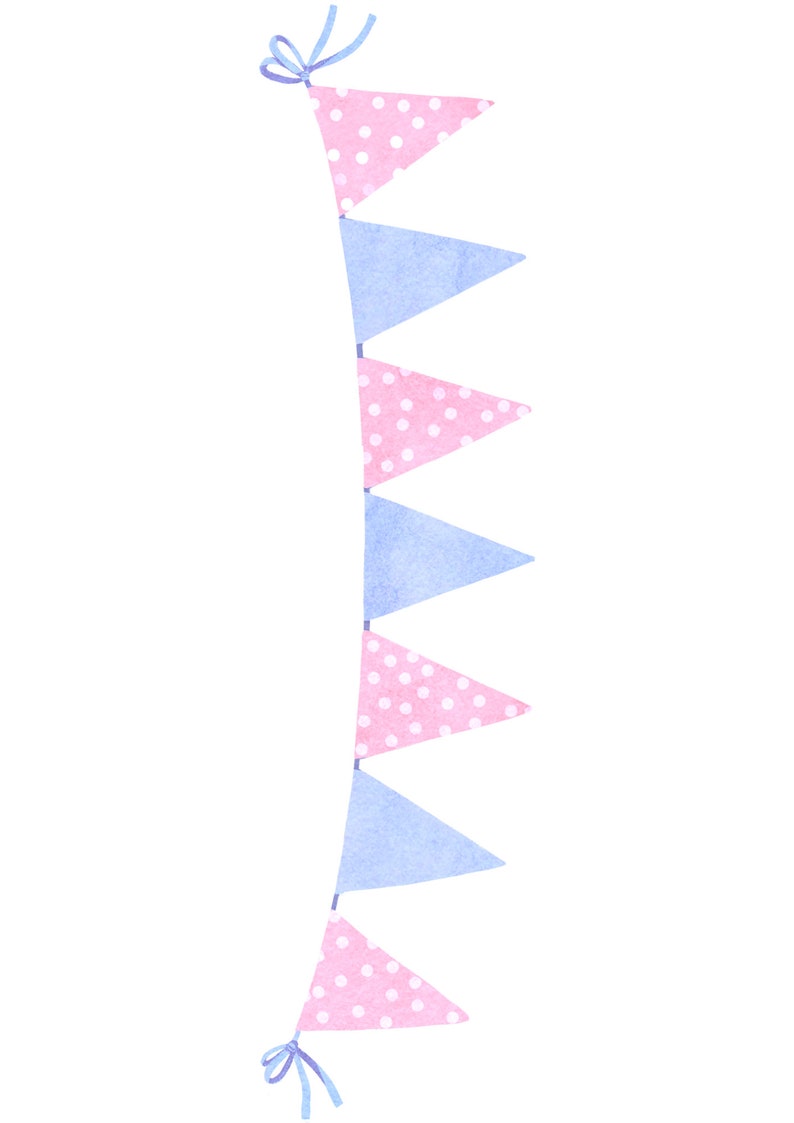 May include: A string of pink and blue triangle flags with white polka dots. The flags are connected with blue ribbon.