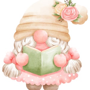May include: A watercolor illustration of a gnome wearing a brown hat with pink flowers, a pink dress with white polka dots, and holding a green book. The gnome has white hair and a pink nose.