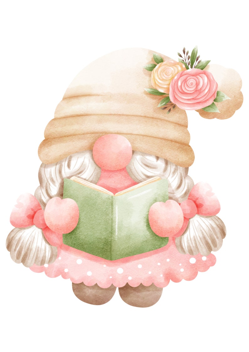 May include: A watercolor illustration of a gnome wearing a brown hat with pink flowers, a pink dress with white polka dots, and holding a green book. The gnome has white hair and a pink nose.