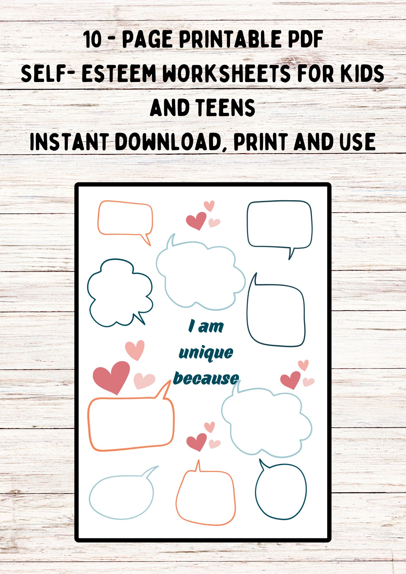 Self Esteem Worksheets for Kids and Teens Printable, 10 Page Self
