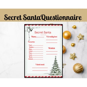 Cuestionario secreto de Papá Noel para compañeros de trabajo, Cuestionario secreto de Papá Noel imprimible para el trabajo, Lista de deseos de regalos secretos de Papá Noel, Formulario de intercambio de regalos