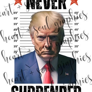 Puede incluir: Una imagen en blanco y negro de estilo fotografía policial de un hombre con cabello rubio. La imagen está sobre un fondo blanco con una tabla de altura en pulgadas. El texto "NEVER SURRENDER" está impreso en negro en la parte superior e inferior de la imagen.