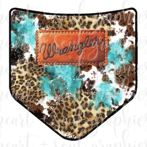 May include: A turquoise and brown bandana with a leopard print and a brown leather patch with the word "Wrangler" in white stitching.
