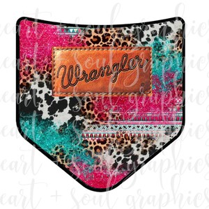 May include: A pink, turquoise and brown patterned fabric with a brown leather patch that says "Wrangler" in white stitching.