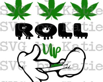 Może przedstawiać: Czarno-zielony projekt graficzny z tekstem "ROLL UP" i kreskówkową ręką toczącą jointa.