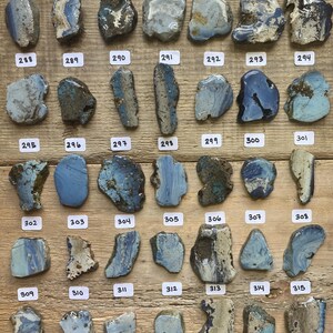 May include: A collection of 36 blue and white ceramic tiles, each with a unique pattern and glaze. The tiles are arranged in rows on a wooden surface.