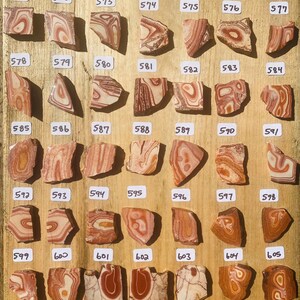 K&ouml;nnte beinhalten: Eine Sammlung von 40 einzigartigen, bunten und gemusterten Achat-Steinen, nummeriert von 571 bis 605. Die Steine sind in Reihen auf einer Holzoberfl&auml;che angeordnet.