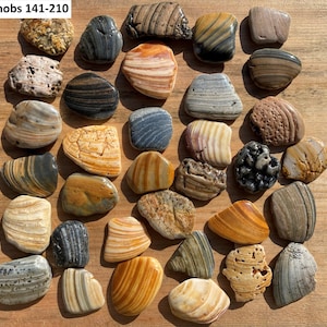 May include: A collection of 30 smooth, colorful, striped, and patterned stones. The stones are arranged in a semi-circle on a wooden surface. The text "Knobs 141-210" is visible at the top of the image.