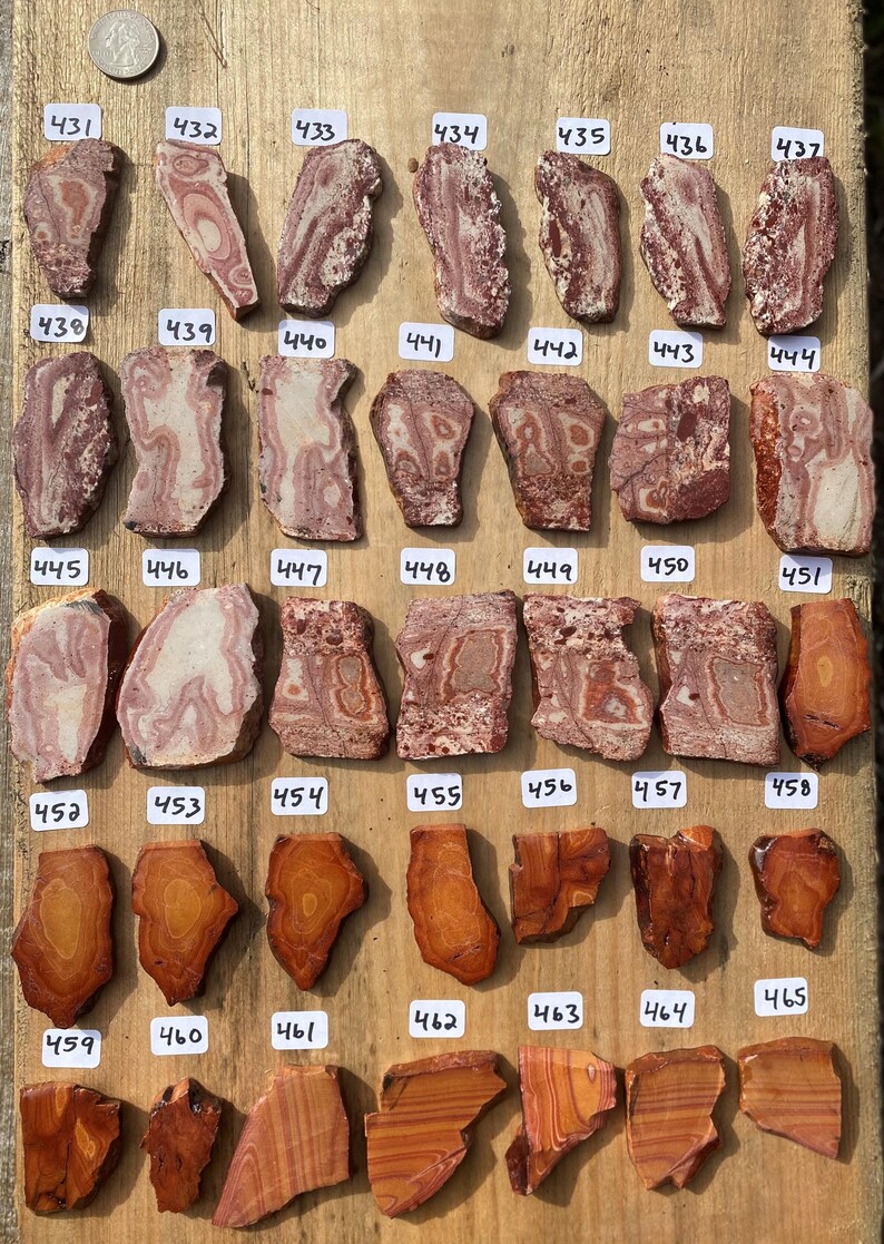 K&ouml;nnte beinhalten: Eine Sammlung von 24 polierten Achat-Steinen, jeder mit einzigartigen Mustern und Farben. Die Steine sind in Reihen auf einer Holzoberfl&auml;che angeordnet, mit Nummern auf kleinen wei&szlig;en Etiketten neben jedem Stein. Die Steine reichen in der Farbe von Rot und Wei&szlig; bis Orange und Braun.