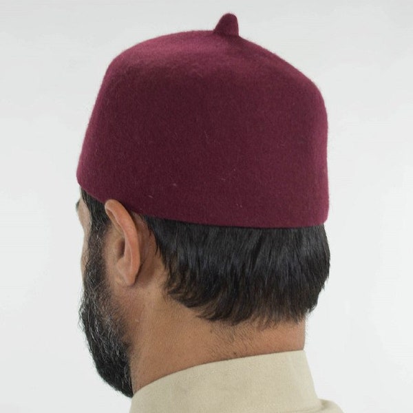 Muslim fez hat ,Maroon   100% Wool Felt Moroccan,style Islamic Head Cover with Tip, Unique Kufi Prayer Cap Topi for Salat Namaz or Eid Gift