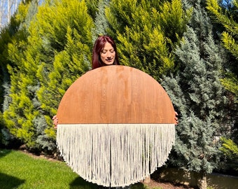 Circular Wall Art from Wood and Fiber Brown Rustic White Fringe Macrame Décor Earthy Neutral Boho Round Tapestry Yarn Art