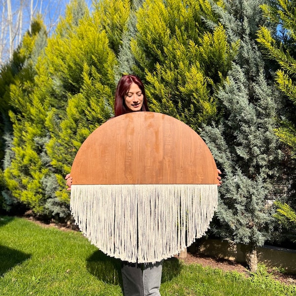 Circular Wall Art from Wood and Fiber Brown Rustic White Fringe Macrame Décor Earthy Neutral Boho Round Tapestry Yarn Art