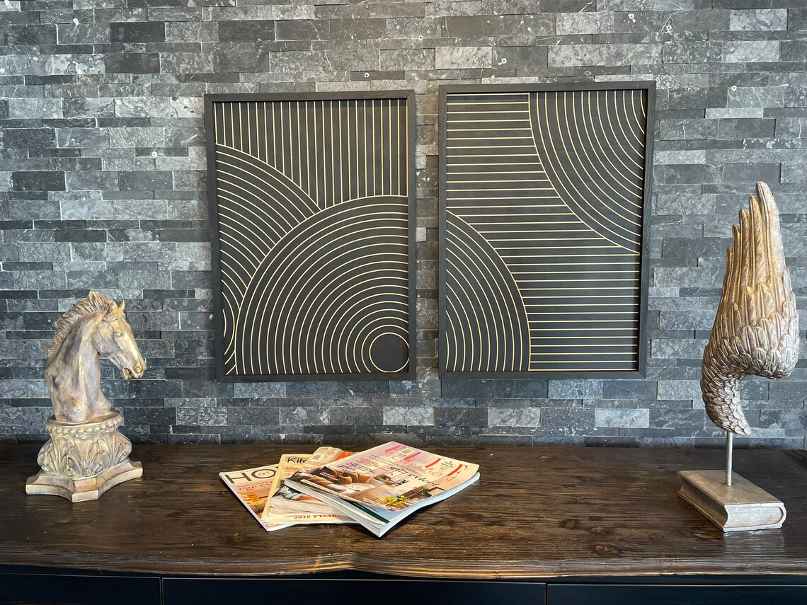 2 Set Wood Geometric Wall Art Set Minimalist Wood Wall Art Set Modern