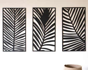 Handmade Wooden Set of 3 Leaves Panel Wall Decor | Wood Wall Art Home Decor Figure Ornament Hanging - Wooden Art and Black Wood Wall Hanging