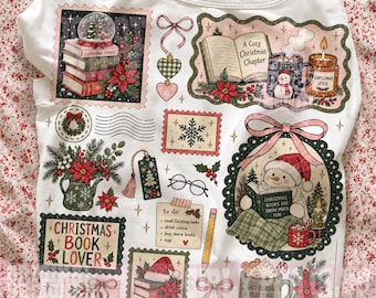 May include: A white long-sleeve shirt featuring a collage of Christmas-themed illustrations including books, a snowman reading, a mug of cocoa, a candle labeled Christmas Spice, a pencil, glasses, and a to-do list with text reading Christmas Book Lover.