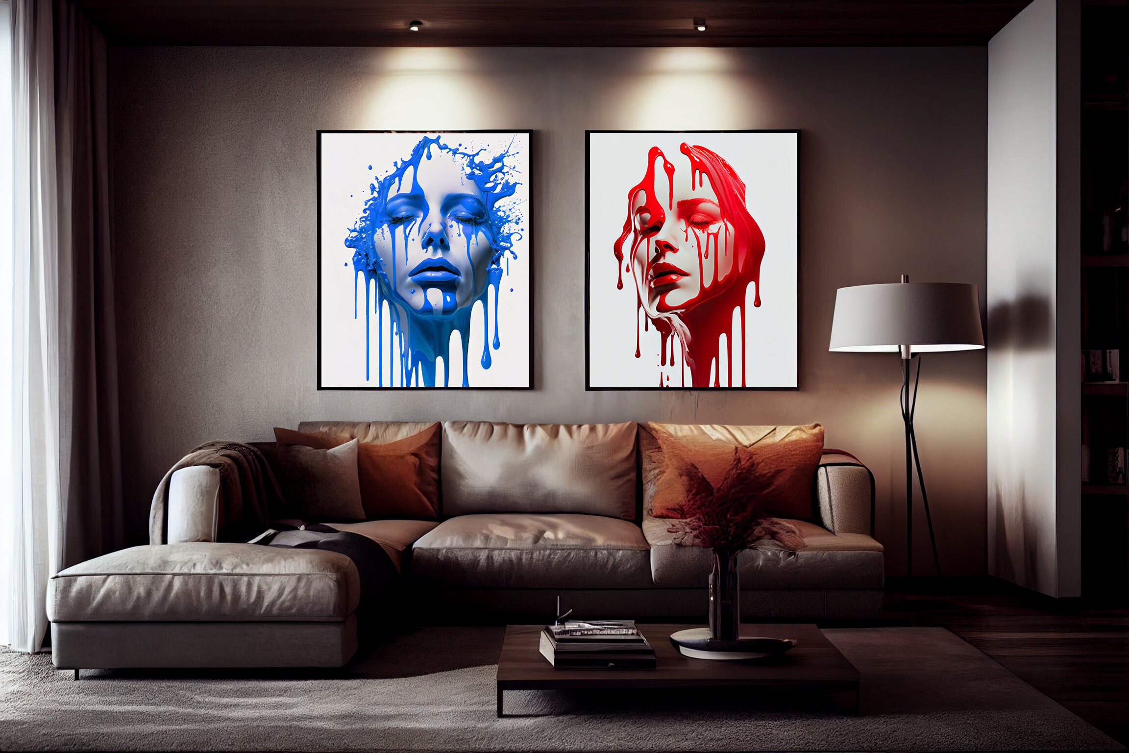 Red and Blue Dripping Faces Canvas or Poster Set Abstract Portrait Wall Art 2-Piece Modern Expression Print Parker Wall Art