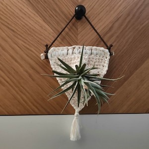 Può includere: Un portavasi in macramè bianco lavorato a uncinetto a forma di triangolo con un fiocco che pende dalla parte inferiore. Una piccola pianta verde è appesa al portavasi.