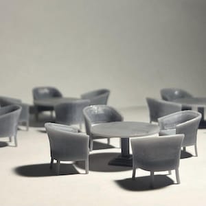 Vintage restaurant round table with chairs SET, O Scale 1:48 Grey Unpainted