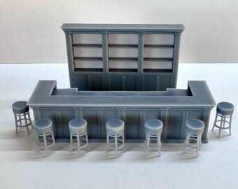 Bar In Miniatura Scala HO 1:87 Per Diorami – Grigio Non Dipinto, Con Bancone E Sgabelli