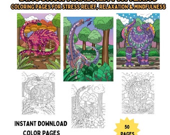 50 Anti-Stress Coloring Pages, Mandala Patterns, Adult Coloring Pages, Relaxing Designs, Animal Mandala, Mindfulness, PDF Download,