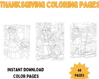 49 pagine da colorare a tema Ringraziamento, Autunno, Autunno, Disegni da colorare per adulti e adolescenti, Download immediato, Disegni da colorare di zucche, Antistress, Rilassamento