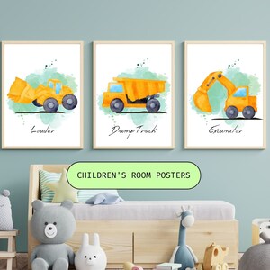 Set of 3  Construction nursery decor, Kids Gallery Wall Set, Truck Wall Art, Nursery Watercolor Painting, Excavator Truck Loader prints