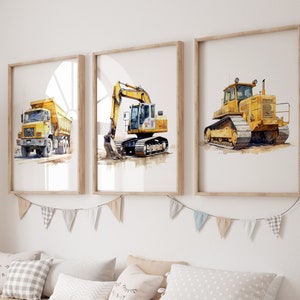 Set of 3 Construction Vehicle Prints, Kids Gallery Wall Set, Truck Wall Art, Nursery Watercolor Painting, Excavator Truck Bulldozer prints