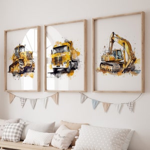 Set of 3 Construction theme Vehicle Prints, Kids Gallery Wall Set, Truck Wall Art, Nursery Watercolor Painting, Excavator Truck Bulldozer