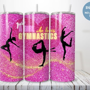 gymnastics themed 20oz Skinny Tumbler Wrap png with gymnastics silhouette clip art ,pink gold glitter ,gymnastic girl gymnastics gift,