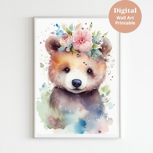 baby bear with flower crown nursery decor,   , cute bear wall art, woodland animal nursery prints, baby animal art,floral crown bear poster