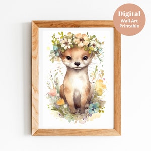 May include: A watercolour illustration of a fox wearing a flower crown. The fox is sitting in a field of flowers. The background is white.