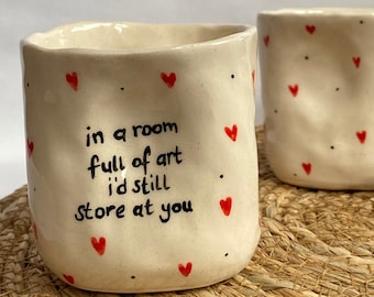 Square Handleless Heart-Shaped Handmade Dented Ceramic Mug Cup - Valentine's Day Special, Inspirational Romantic Gift