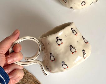 Handmade Ceramic Cute Penguins Mug, Handcrafted Coffee Mug with Cute Animals Decor, Unique Winter Decor Tea Cup Gift
