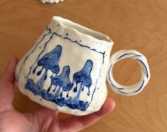 Blue Mushroom Mug, Handmade Ceramic Mushroom Coffee Cup, Hand Painted Blue and White Pottery Mug, Cottagecore Gift for Mushroom Lover