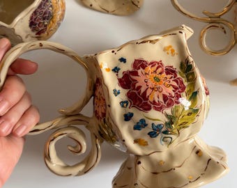 Handmade Ceramic Teapot with Hand Painted Dahlia, Whimsical Footed Teapot with Twisted Handle, Unique Floral Teapot, Tea Lover Gift
