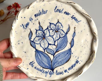 HandmadeCeramic Wall Art Plate, Blue and White Artistic Wall Decor, Lily Flowers Artistic Wall Plate