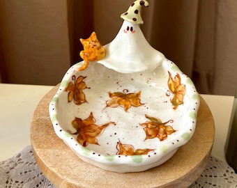 Ceramic Candle Holder with Ghost and Little Ginger Cat - Cute Ghost and Kitty Cat Ring Dish , Halloween / Autumn Decor Candle Holder